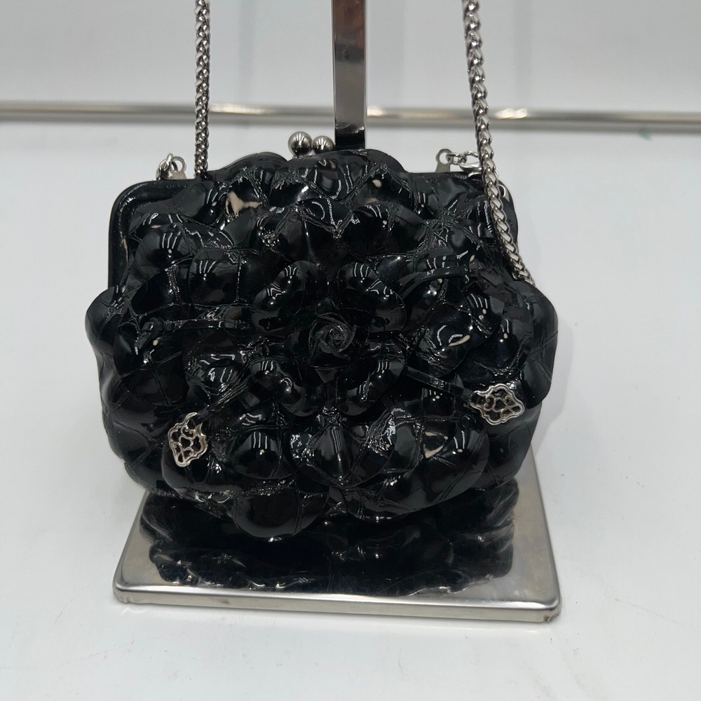 Brighton Kiss Lock Black Purse, Quilted Camellia Flower, Chain Shoulder Bag,